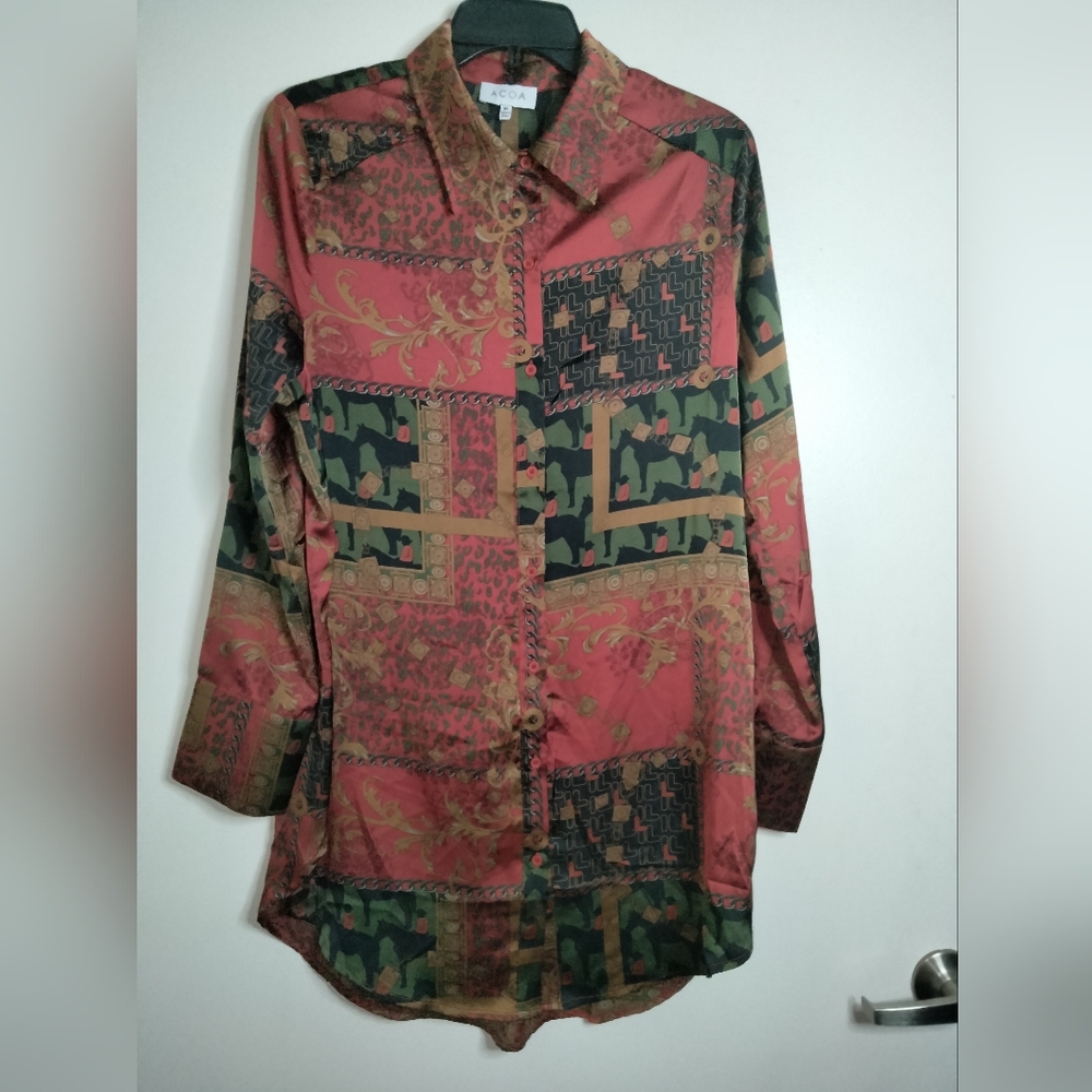 Acoa (Sz M) Multicolor Vintage Patterned Button Down Front LS Tunic Shirt Dress